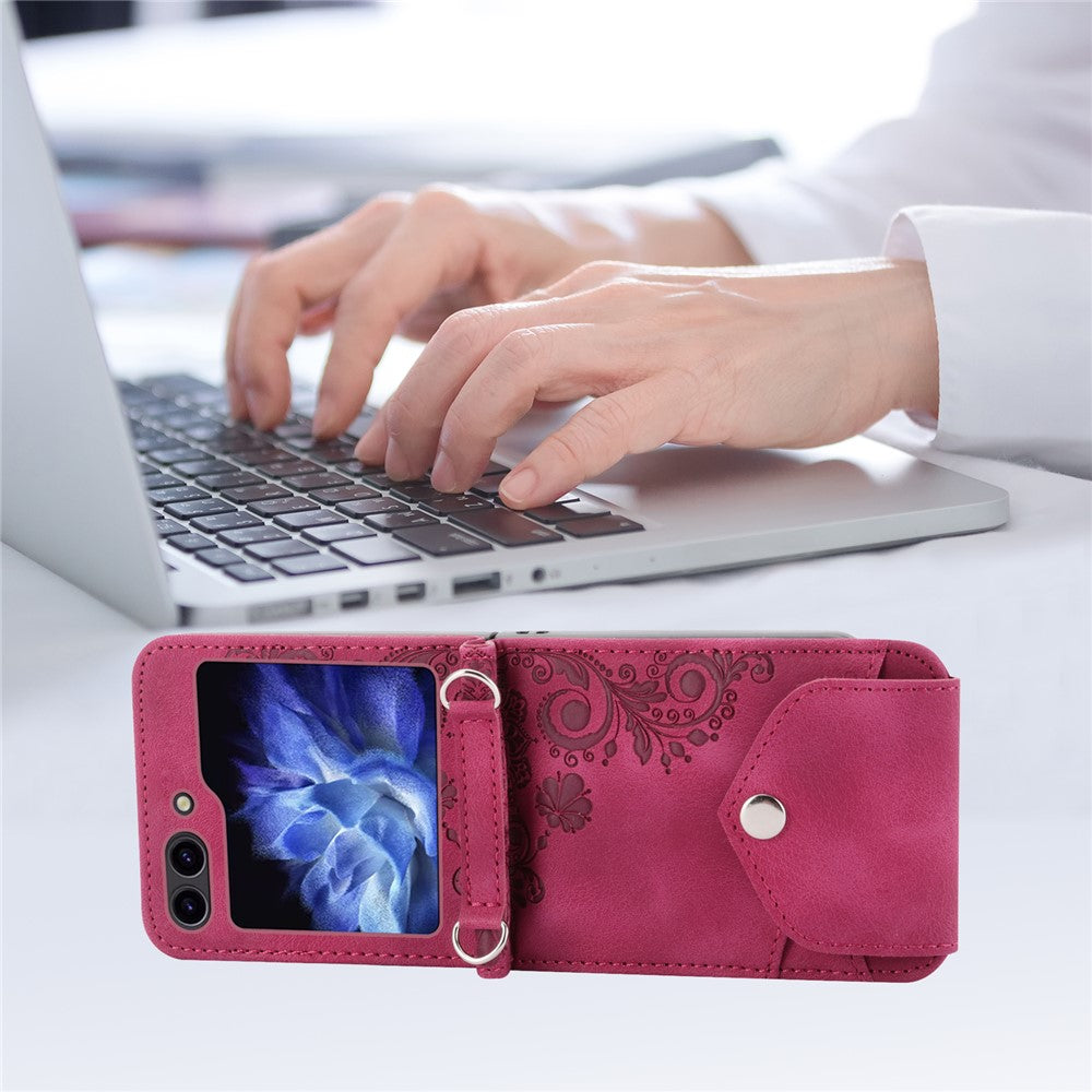 For Samsung Galaxy Z Flip7 FE 5G / Z Flip6 5G Leather Case Multiple Card Slots Phone Cover with Shoulder Strap - Wine Red