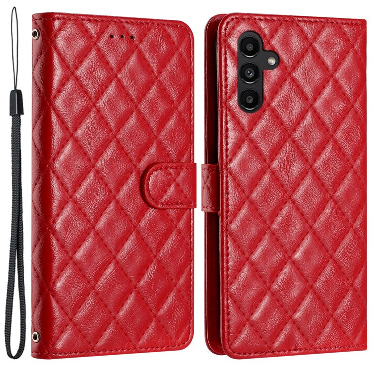 For Samsung Galaxy S24 FE Case Rhombus Pattern Leather Wallet Phone Cover with Strap - Red