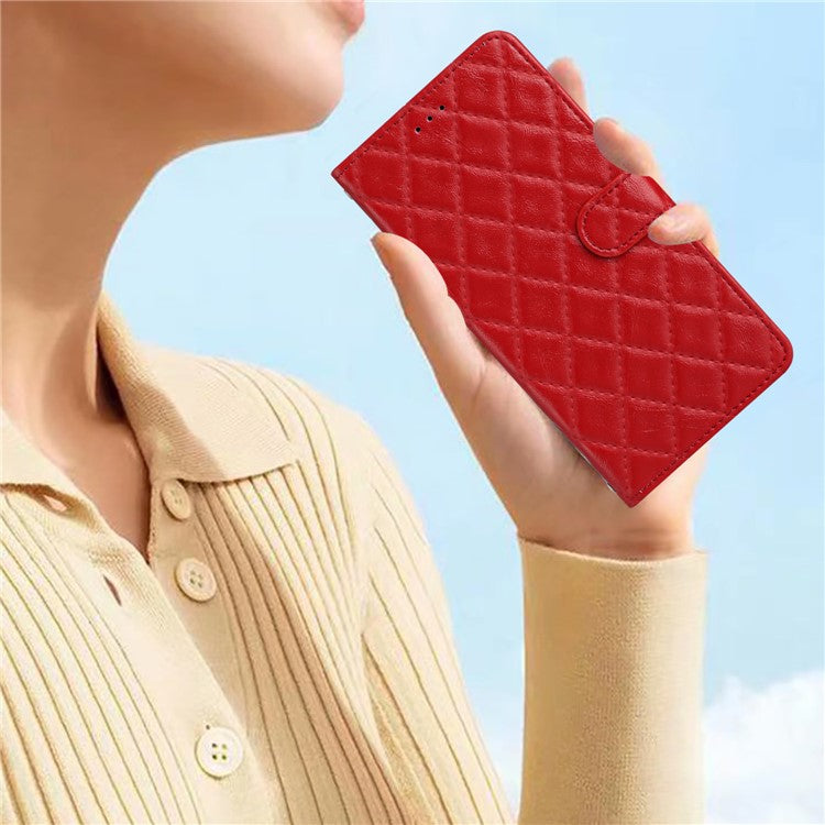 For Samsung Galaxy S24 FE Case Rhombus Pattern Leather Wallet Phone Cover with Strap - Red