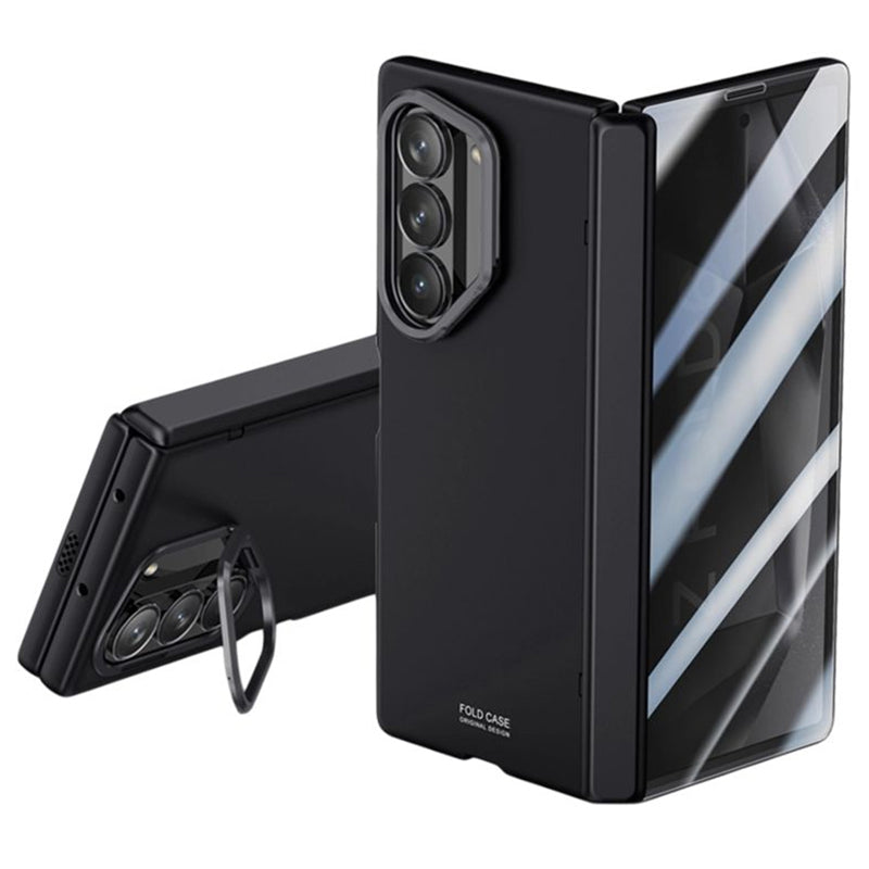 For Samsung Galaxy Z Fold6 5G Case PC Hard Phone Cover with Anti-Spy Film, Lesn Frame Kickstand - Black