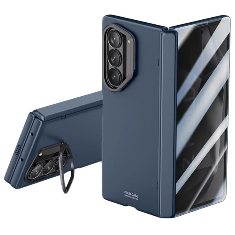 For Samsung Galaxy Z Fold6 5G Case PC Hard Phone Cover with Anti-spy Film, Lesn Frame Kickstand - Blue