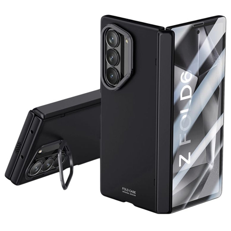 For Samsung Galaxy Z Fold6 5G Case Kickstand Hard PC Phone Cover with HD Tempered Glass Film - Black