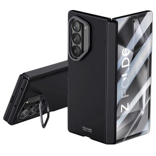 For Samsung Galaxy Z Fold6 5G Case Kickstand Hard PC Phone Cover with HD Tempered Glass Film - Black