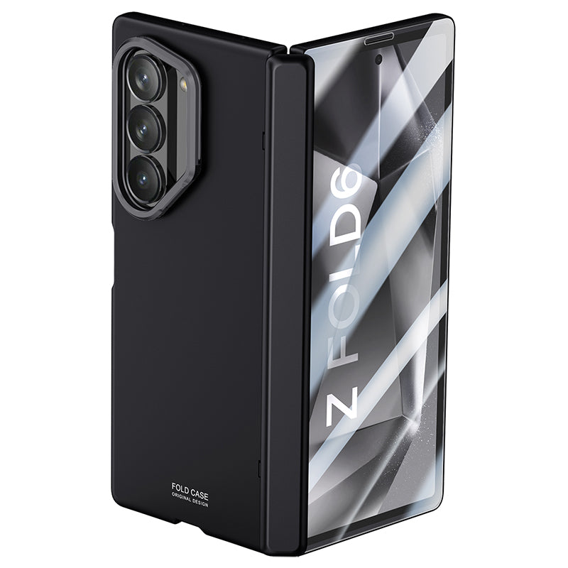 For Samsung Galaxy Z Fold6 5G Case Kickstand Hard PC Phone Cover with HD Tempered Glass Film - Black