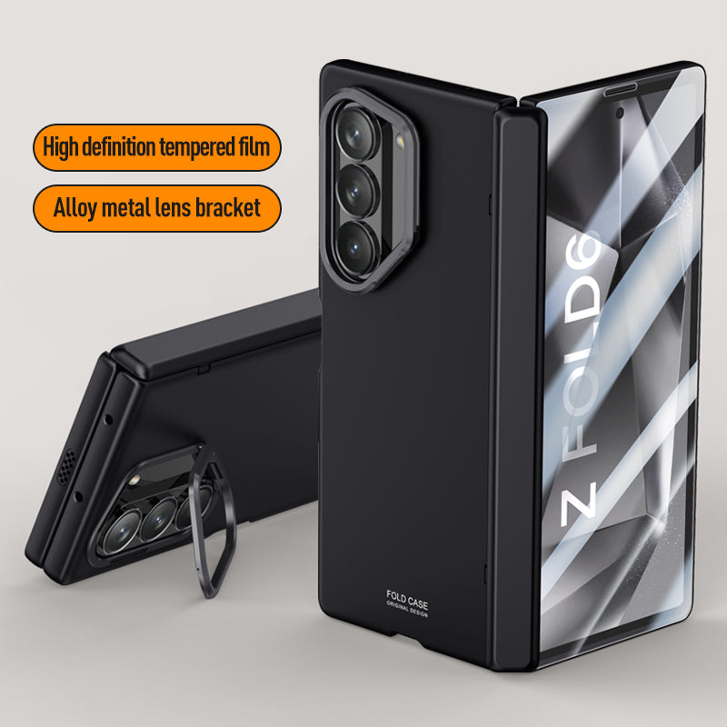 For Samsung Galaxy Z Fold6 5G Case Kickstand Hard PC Phone Cover with HD Tempered Glass Film - Black