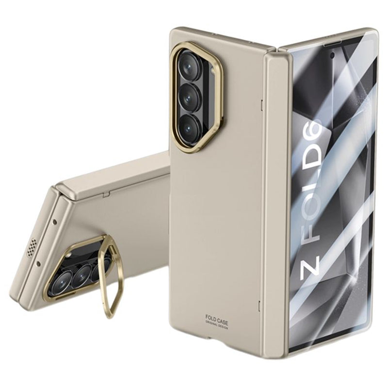 For Samsung Galaxy Z Fold6 5G Case Kickstand Hard PC Phone Cover with HD Tempered Glass Film - Titanium Grey