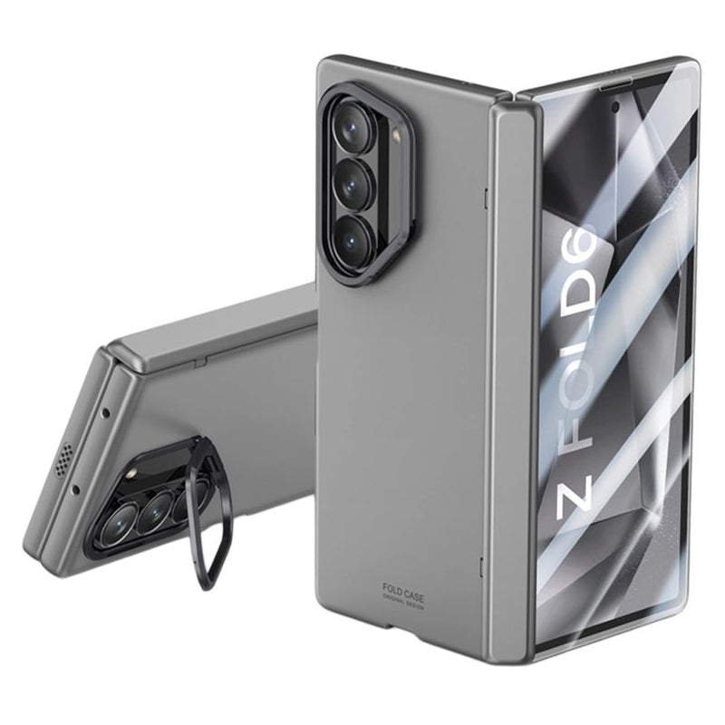 For Samsung Galaxy Z Fold6 5G Case Kickstand Hard PC Phone Cover with HD Tempered Glass Film - Grey
