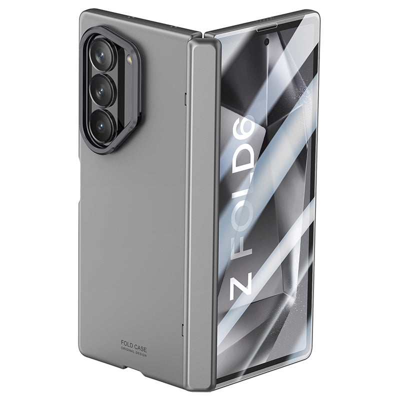 For Samsung Galaxy Z Fold6 5G Case Kickstand Hard PC Phone Cover with HD Tempered Glass Film - Grey