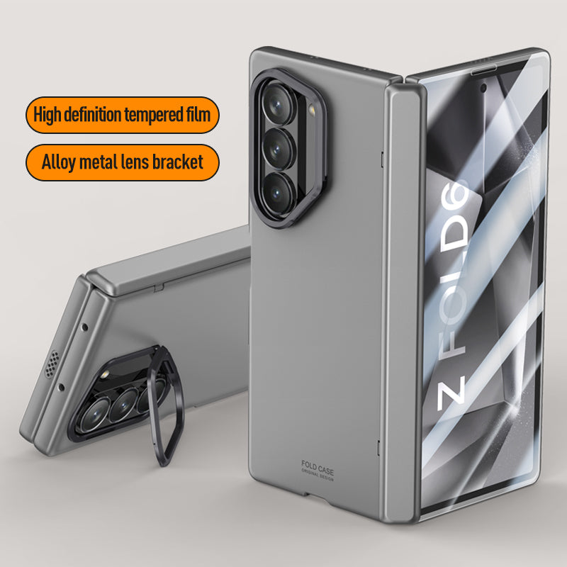 For Samsung Galaxy Z Fold6 5G Case Kickstand Hard PC Phone Cover with HD Tempered Glass Film - Grey