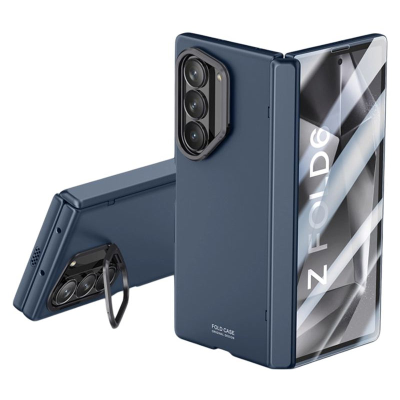 For Samsung Galaxy Z Fold6 5G Case Kickstand Hard PC Phone Cover with HD Tempered Glass Film - Blue