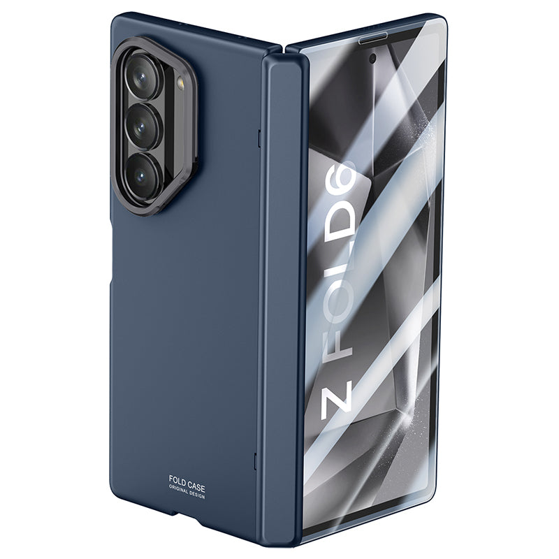 For Samsung Galaxy Z Fold6 5G Case Kickstand Hard PC Phone Cover with HD Tempered Glass Film - Blue