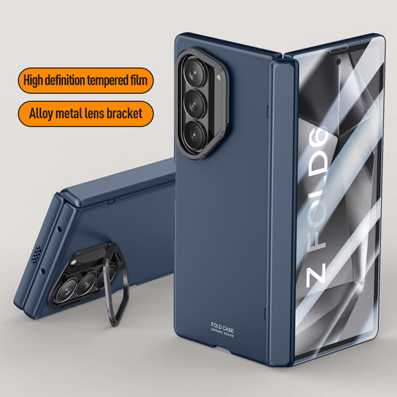 For Samsung Galaxy Z Fold6 5G Case Kickstand Hard PC Phone Cover with HD Tempered Glass Film - Blue