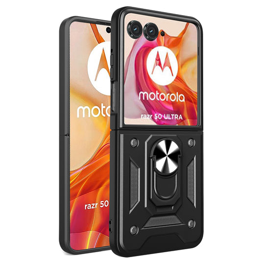 For Motorola Razr 50 Ultra 5G Kickstand Case PC+TPU Phone Shell with Slide Camera Lid - Black