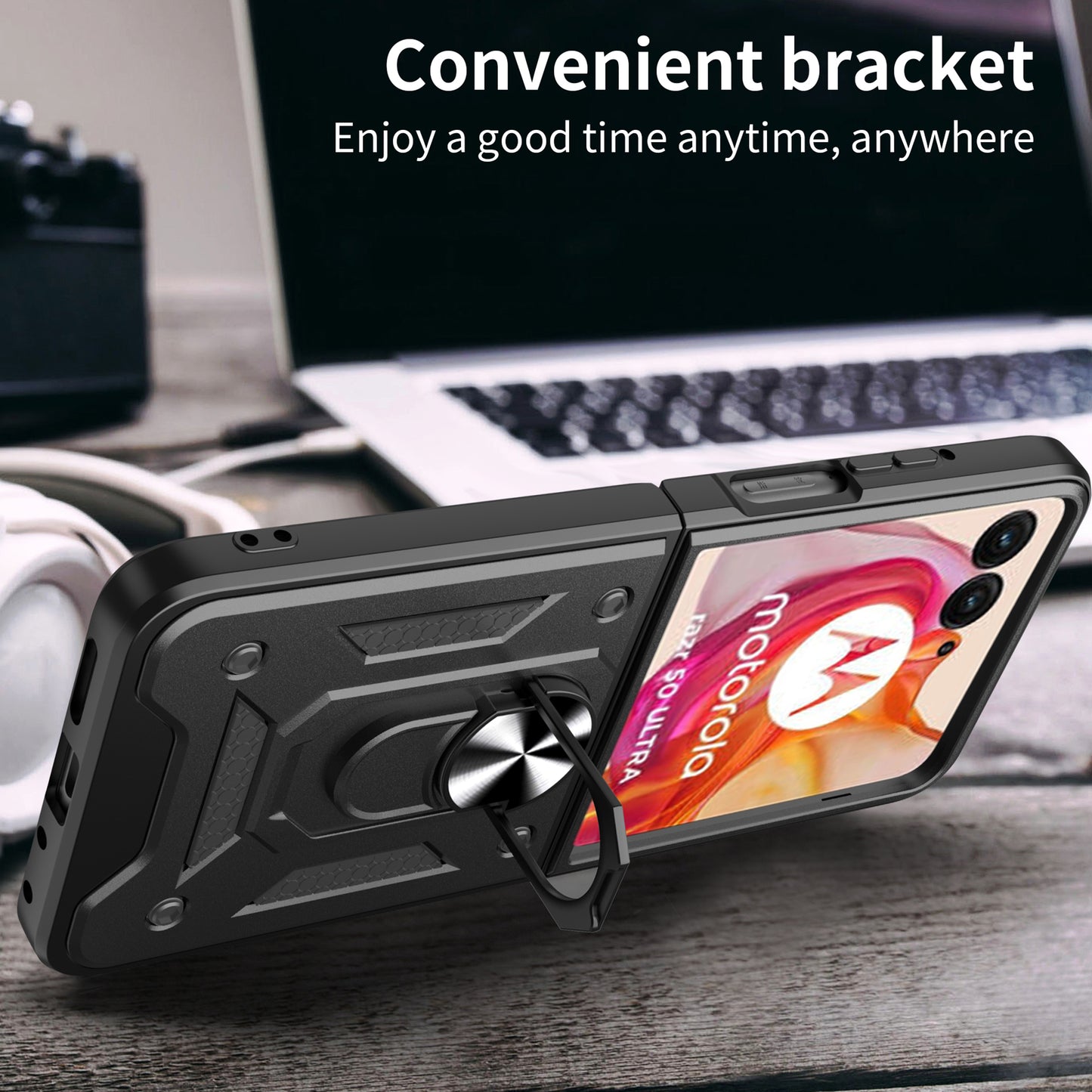 For Motorola Razr 50 Ultra 5G Kickstand Case PC+TPU Phone Shell with Slide Camera Lid - Black