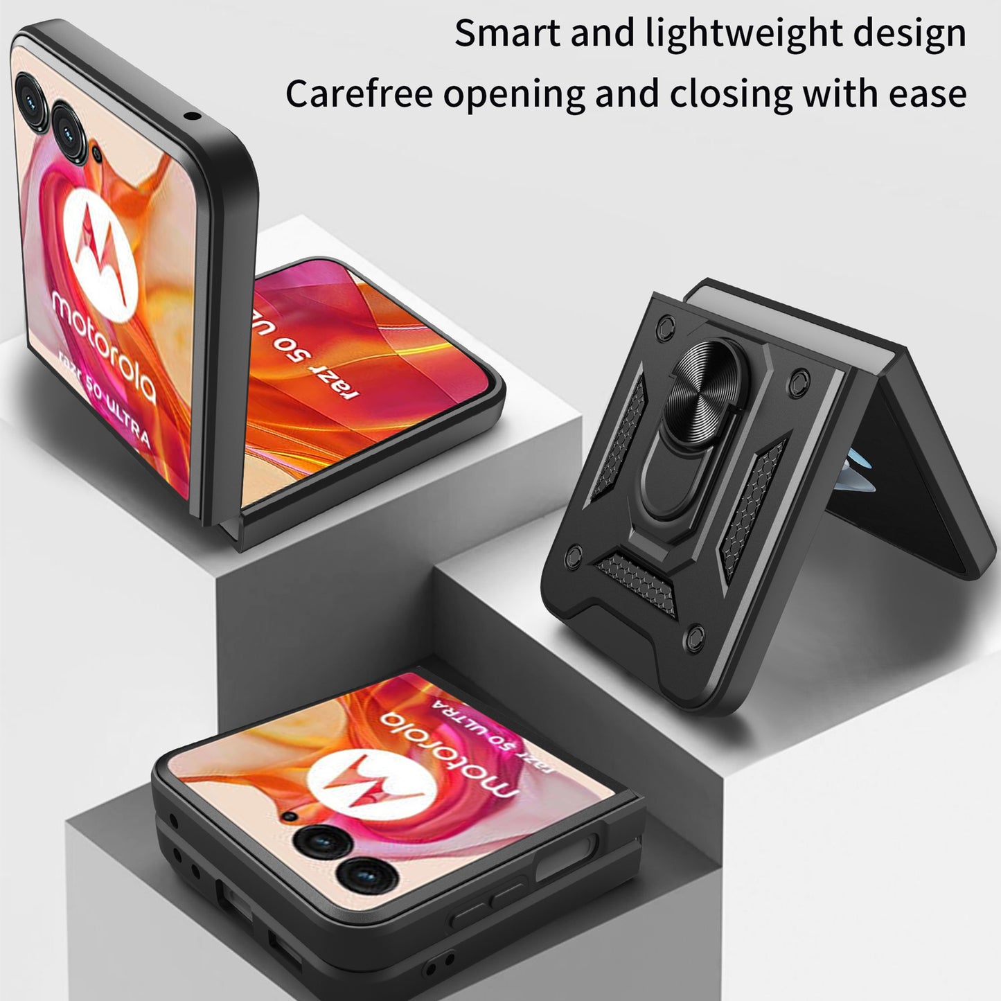 For Motorola Razr 50 Ultra 5G Kickstand Case PC+TPU Phone Shell with Slide Camera Lid - Black
