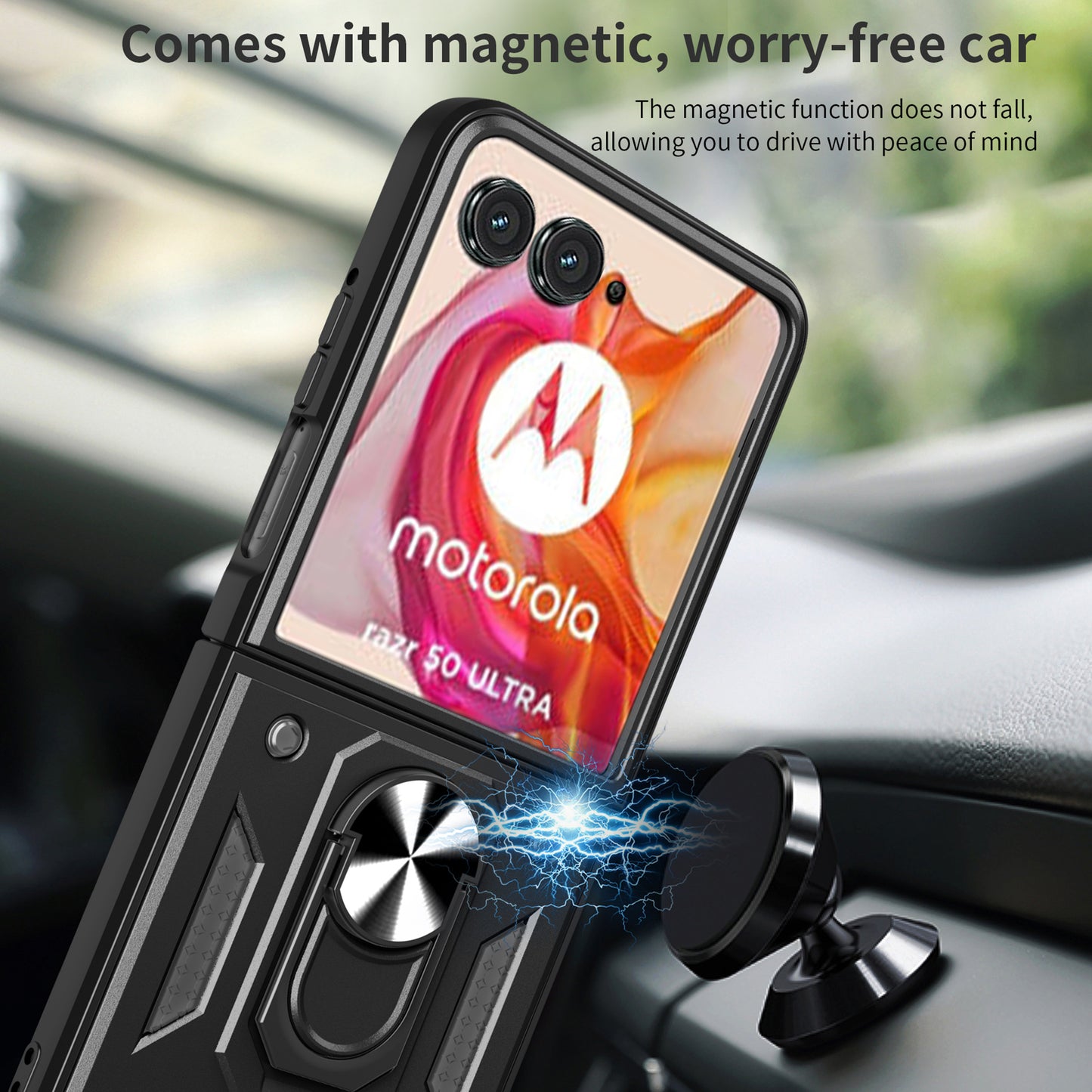 For Motorola Razr 50 Ultra 5G Kickstand Case PC+TPU Phone Shell with Slide Camera Lid - Black