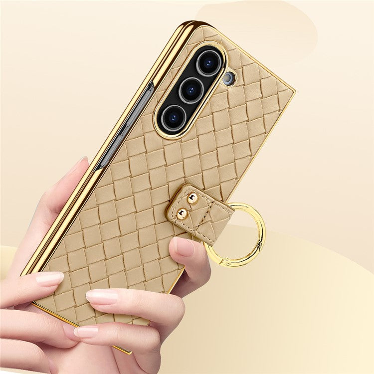 For Samsung Galaxy Z Fold5 5G Case Woven Texture Leather+PC Phone Cover with Back Screen Film - Black