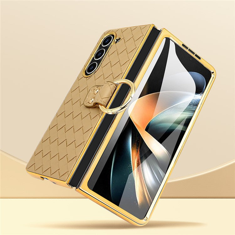 For Samsung Galaxy Z Fold5 5G Case Woven Texture Leather+PC Phone Cover with Back Screen Film - Black