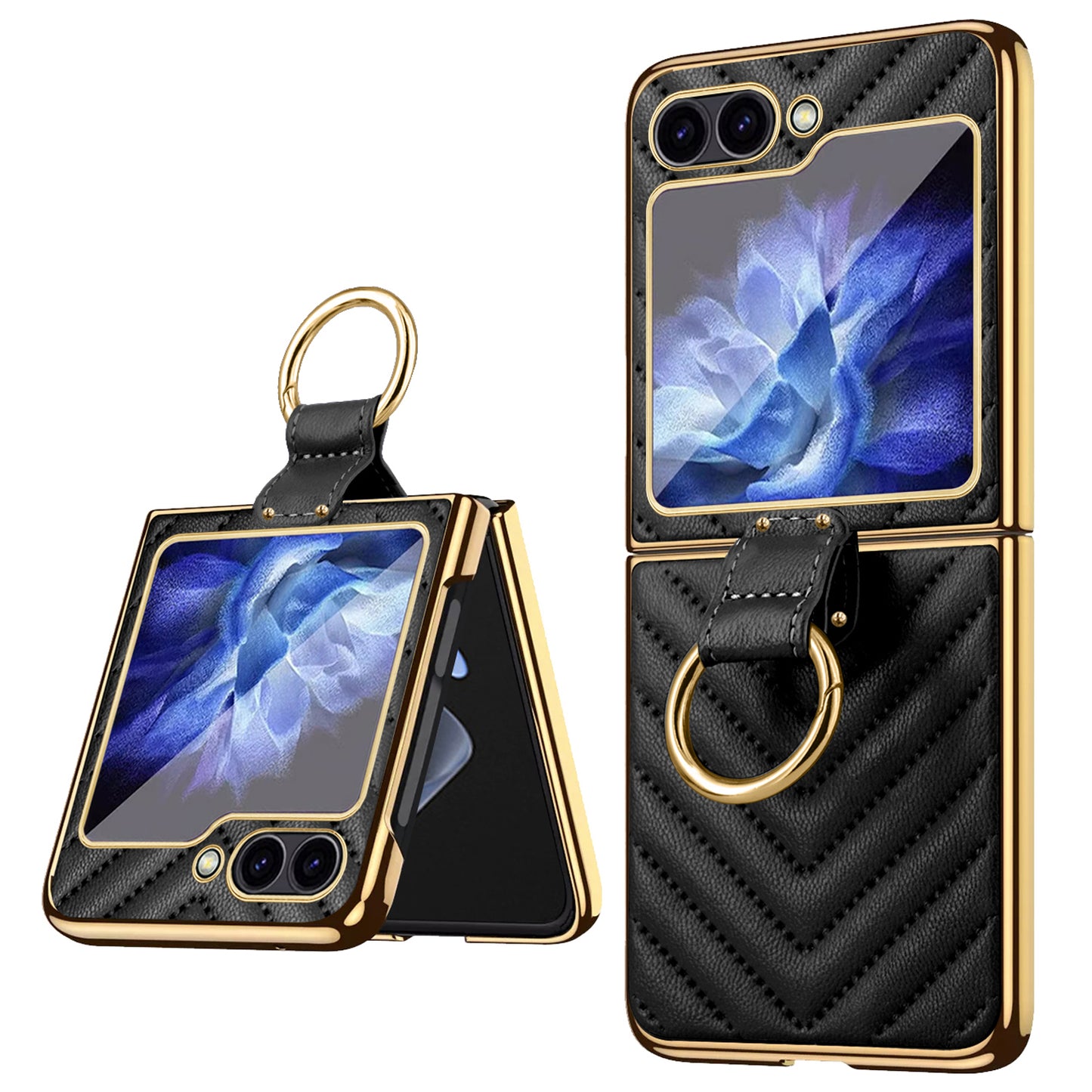 For Samsung Galaxy Z Flip6 5G Case V-Shape Pattern Kickstand PC Phone Cover - Black
