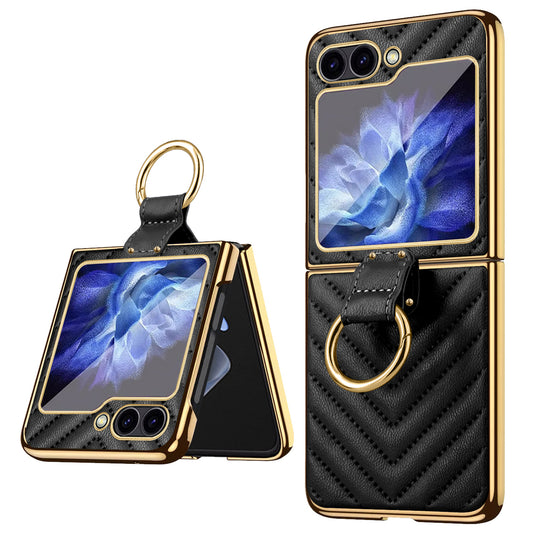 For Samsung Galaxy Z Flip6 5G Case V-Shape Pattern Kickstand PC Phone Cover - Black