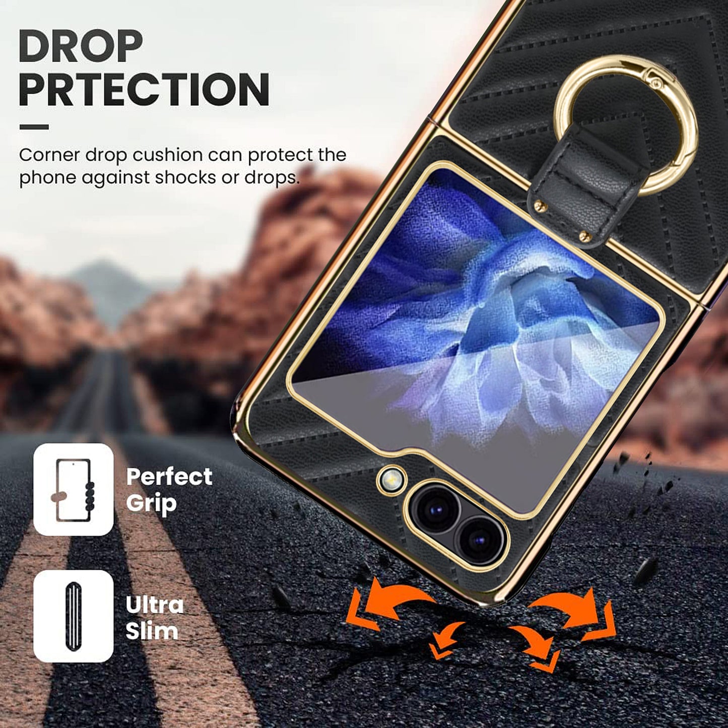 For Samsung Galaxy Z Flip6 5G Case V-Shape Pattern Kickstand PC Phone Cover - Black