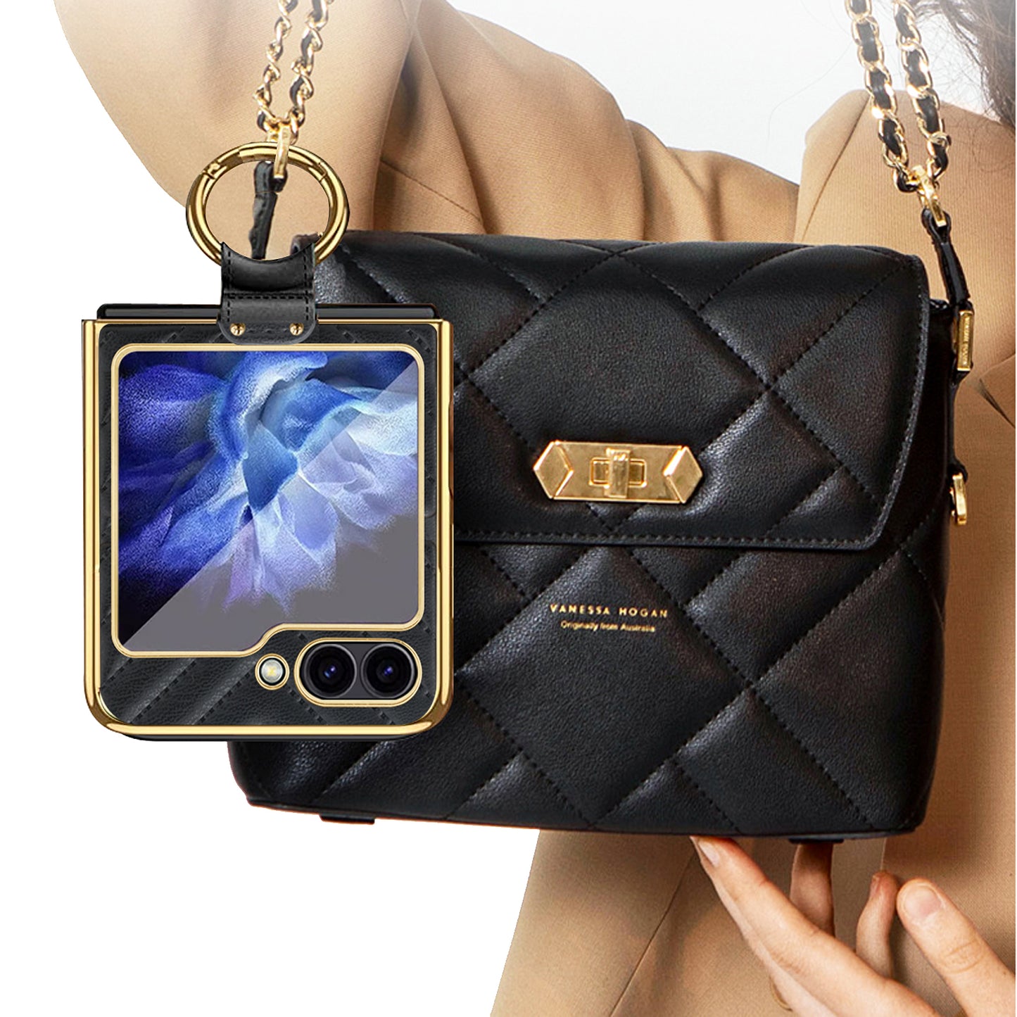 For Samsung Galaxy Z Flip6 5G Case V-Shape Pattern Kickstand PC Phone Cover - Black