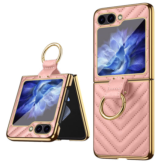 For Samsung Galaxy Z Flip6 5G Case V-Shape Pattern Kickstand PC Phone Cover - Pink