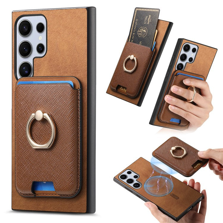For Samsung Galaxy S24 Ultra Magnetic Phone Case Leather+TPU Detachable Card Slot - Brown