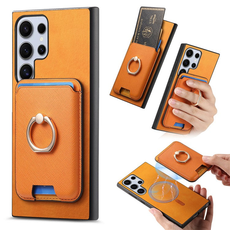 For Samsung Galaxy S23 Ultra Case Leather+TPU Cover Detachable Magnetic Card Holder - Orange