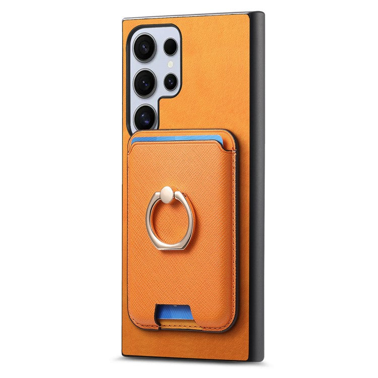 For Samsung Galaxy S23 Ultra Case Leather+TPU Cover Detachable Magnetic Card Holder - Orange