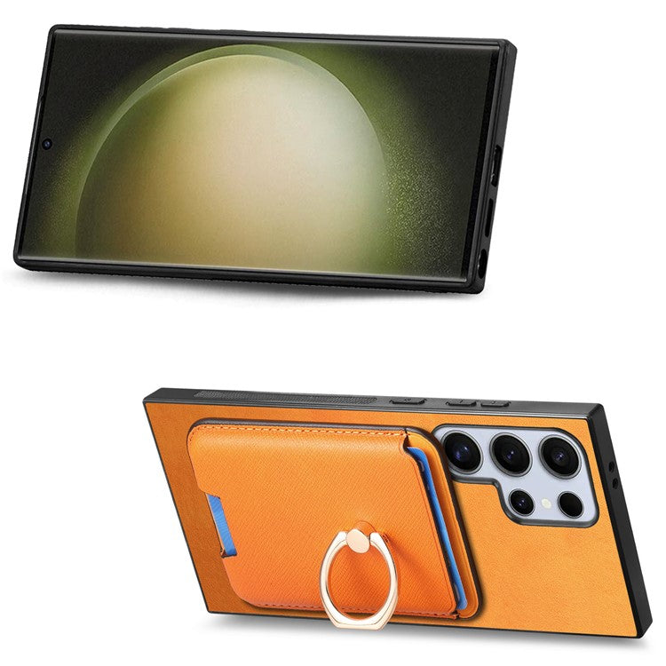 For Samsung Galaxy S23 Ultra Case Leather+TPU Cover Detachable Magnetic Card Holder - Orange