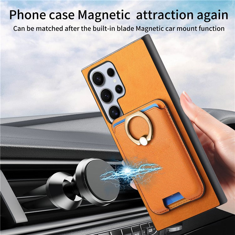 For Samsung Galaxy S23 Ultra Case Leather+TPU Cover Detachable Magnetic Card Holder - Orange