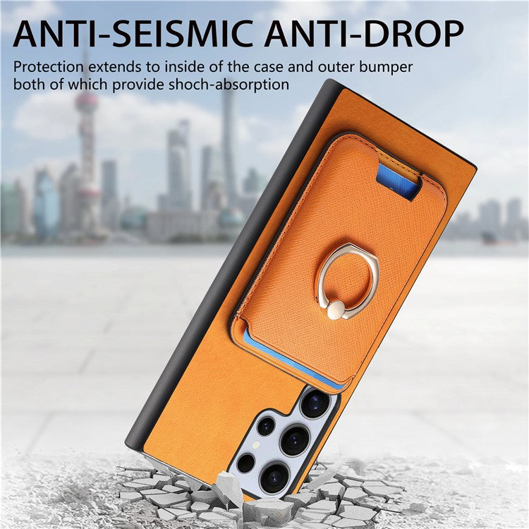 For Samsung Galaxy S23 Ultra Case Leather+TPU Cover Detachable Magnetic Card Holder - Orange