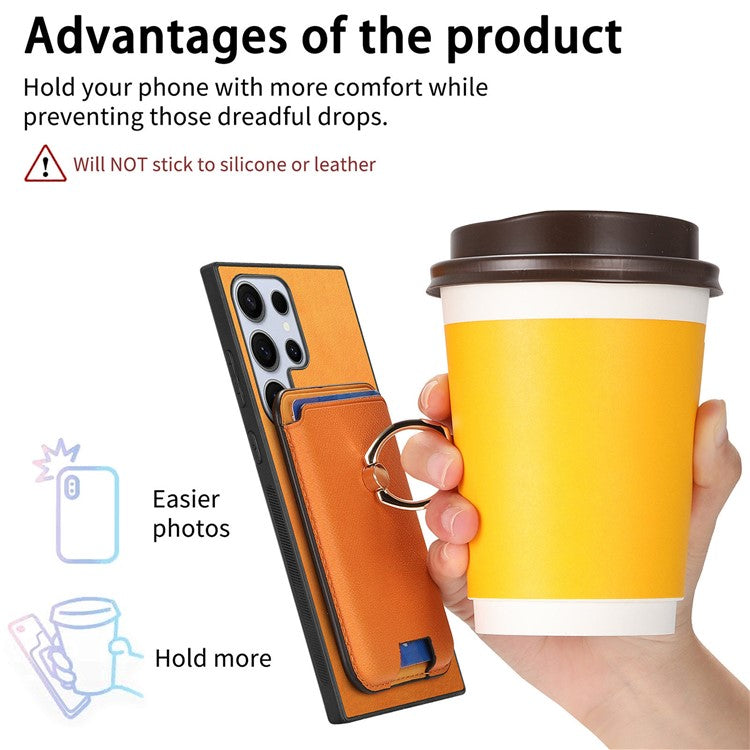 For Samsung Galaxy S23 Ultra Case Leather+TPU Cover Detachable Magnetic Card Holder - Orange