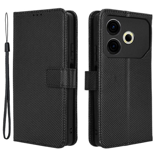 For TECNO Pova 6 Neo Case PU Leather Diamond Texture Protective Phone Cover - Black