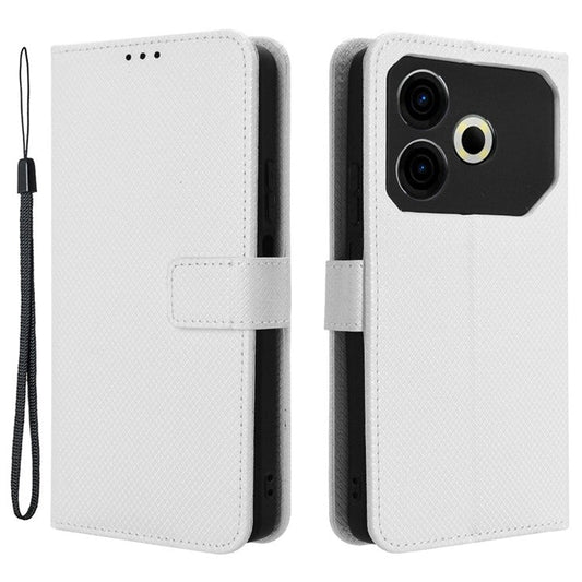 For TECNO Pova 6 Neo Case PU Leather Diamond Texture Protective Phone Cover - White