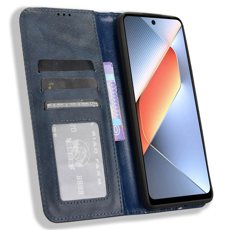 For TECNO Pova 6 Neo Case Retro PU Leather Wallet Phone Cover Stand - Blue