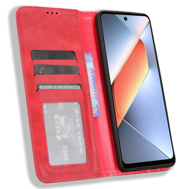 For TECNO Pova 6 Neo Case Retro PU Leather Wallet Phone Cover Stand - Red