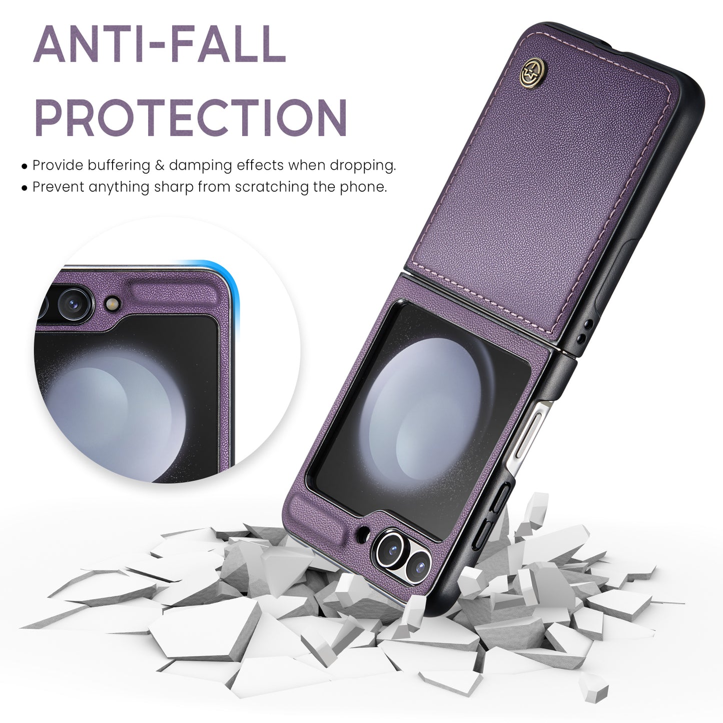 CASEME 023 Series For Samsung Galaxy Z Flip6 5G Case Litchi Texture Leather+PC Phone Cover - Purple