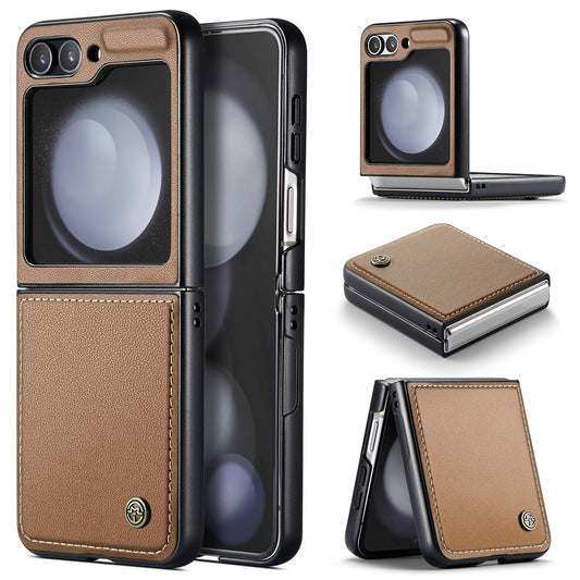 CASEME 023 Series For Samsung Galaxy Z Flip7 FE 5G / Z Flip6 5G Case Litchi Texture Leather+PC Phone Cover - Brown