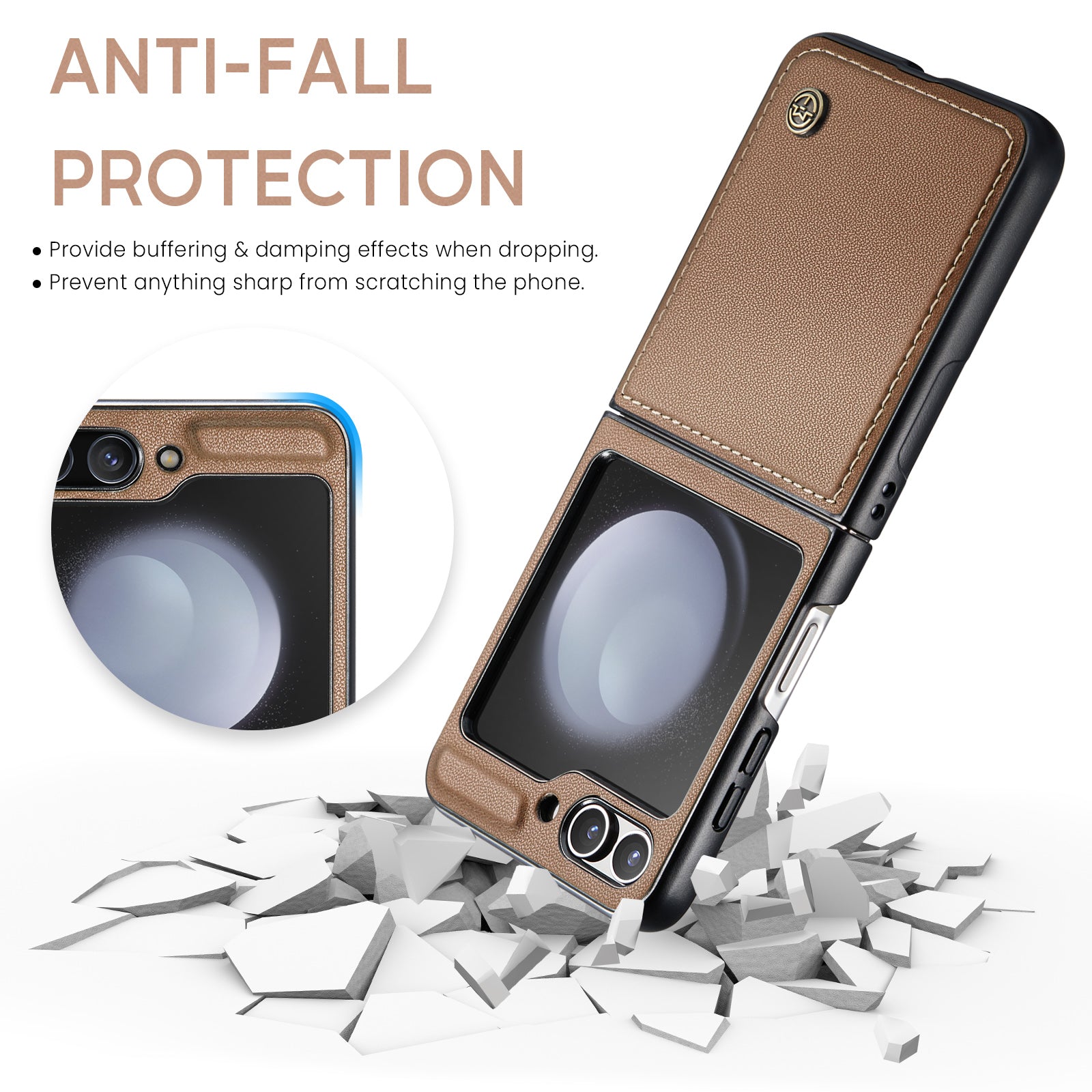 CASEME 023 Series For Samsung Galaxy Z Flip6 5G Case Litchi Texture Leather+PC Phone Cover - Brown