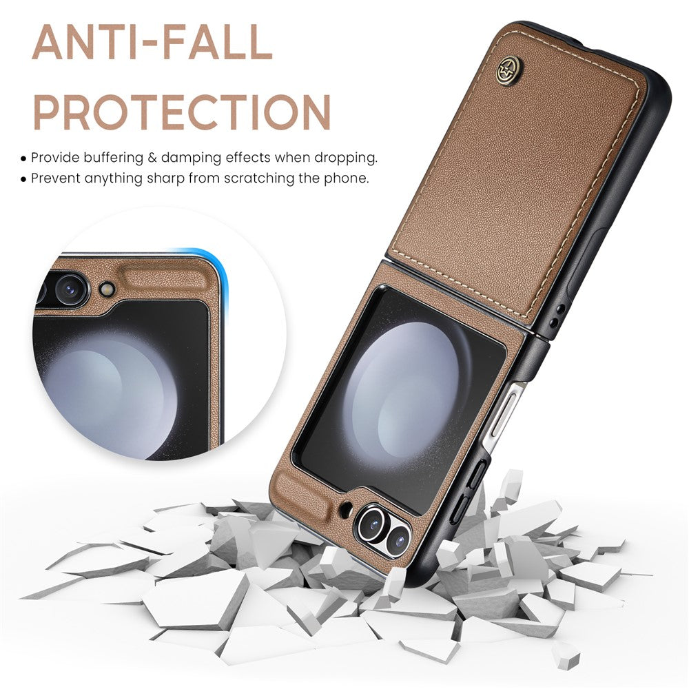 CASEME 023 Series For Samsung Galaxy Z Flip7 FE 5G / Z Flip6 5G Case Litchi Texture Leather+PC Phone Cover - Brown