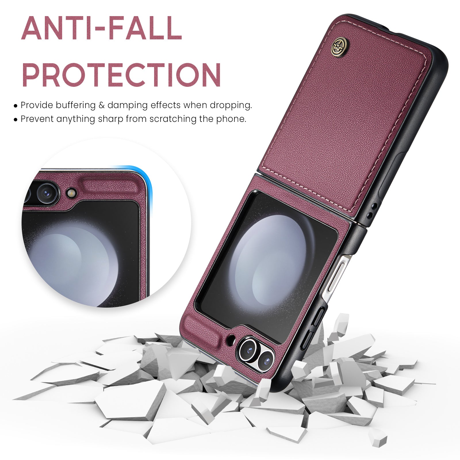 CASEME 023 Series For Samsung Galaxy Z Flip6 5G Case Litchi Texture Leather+PC Phone Cover - Wine Red