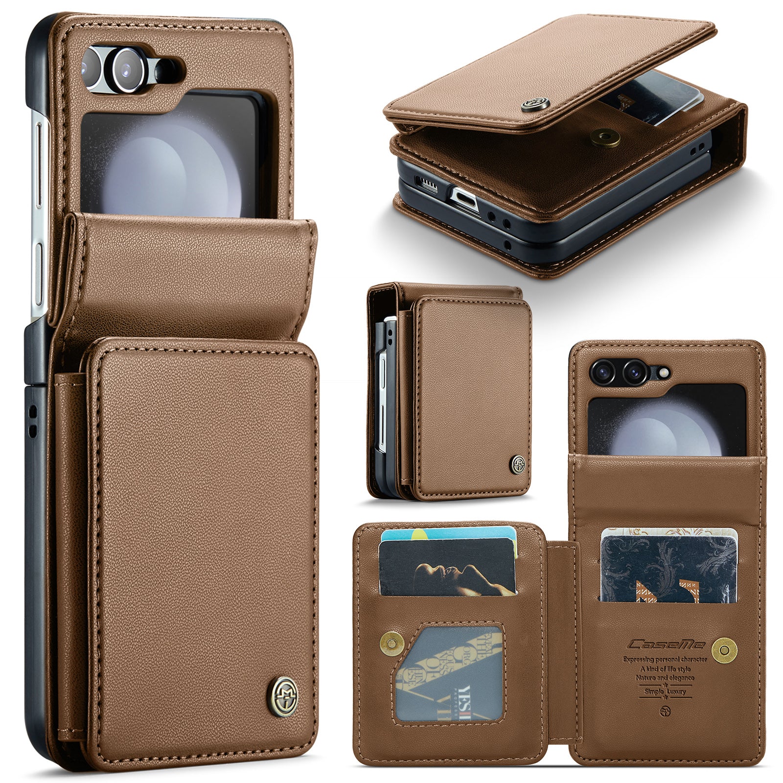 CASEME C22 Series for Samsung Galaxy Z Flip6 5G Case RFID Blocking Card Slot Leather Cover - Brown