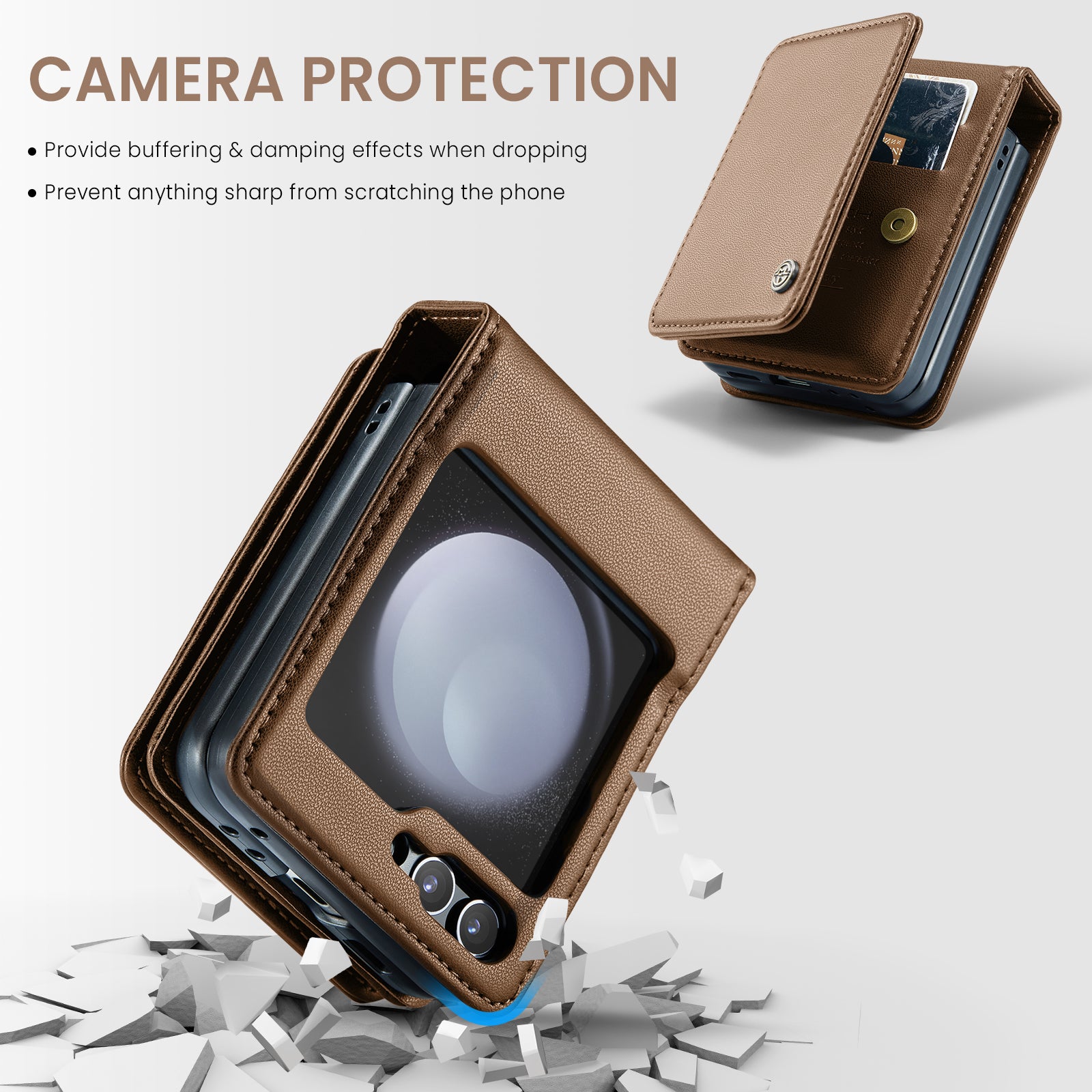 CASEME C22 Series for Samsung Galaxy Z Flip6 5G Case RFID Blocking Card Slot Leather Cover - Brown