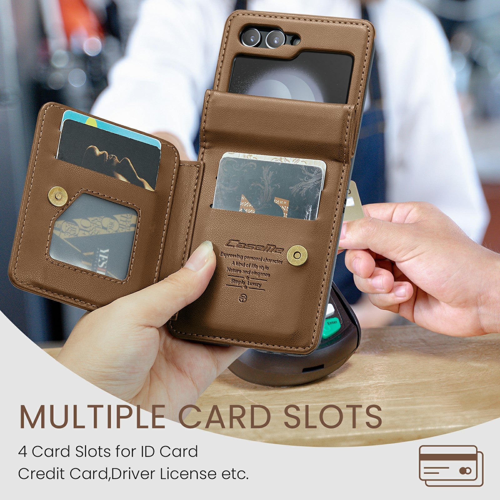 CASEME C22 Series for Samsung Galaxy Z Flip6 5G Case RFID Blocking Card Slot Leather Cover - Brown