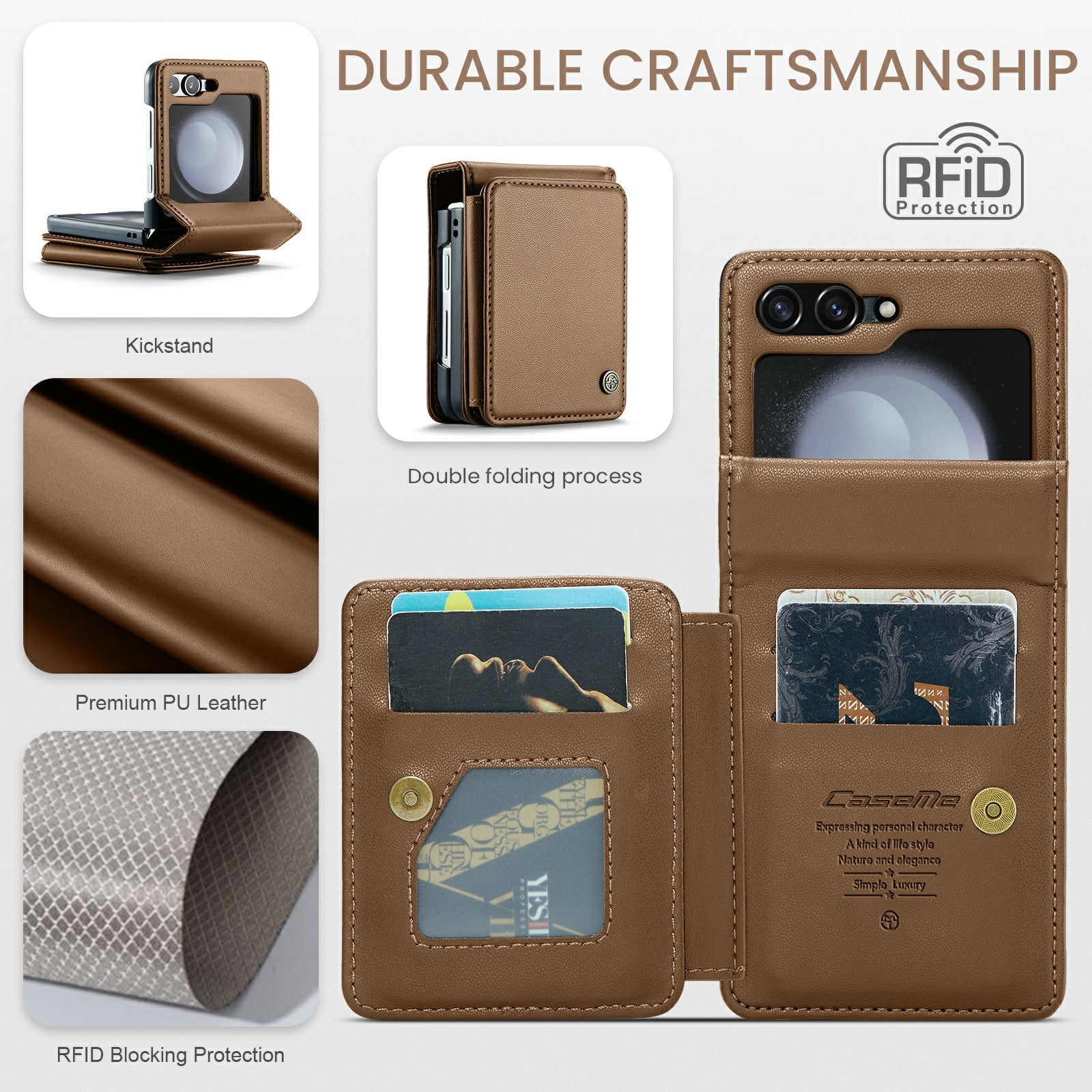 CASEME C22 Series for Samsung Galaxy Z Flip6 5G Case RFID Blocking Card Slot Leather Cover - Brown
