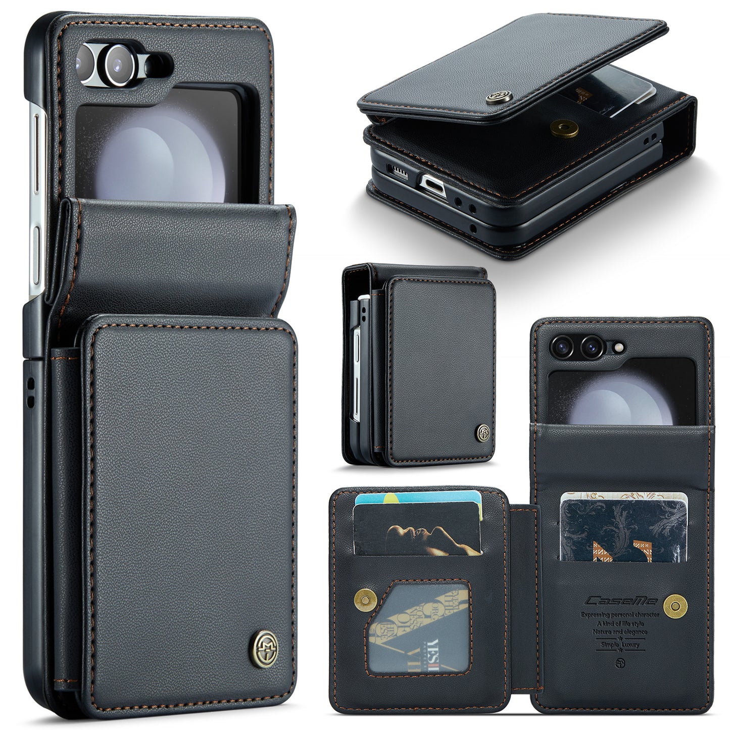 CASEME C22 Series for Samsung Galaxy Z Flip6 5G Case RFID Blocking Card Slot Leather Cover - Black