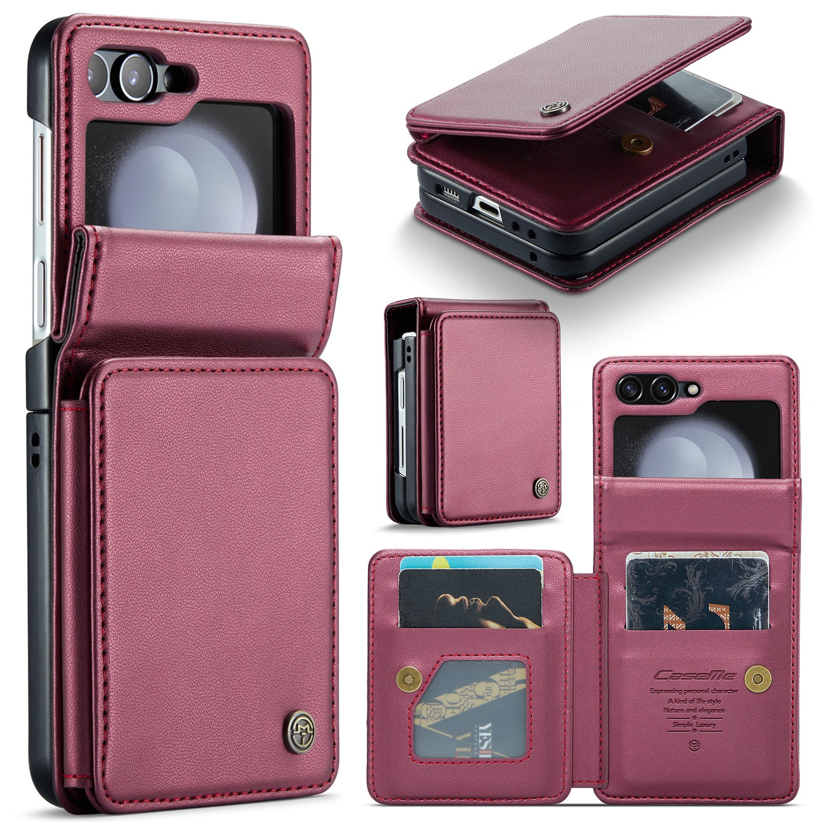 CASEME C22 Series for Samsung Galaxy Z Flip6 5G Case RFID Blocking Card Slot Leather Cover - Wine Red