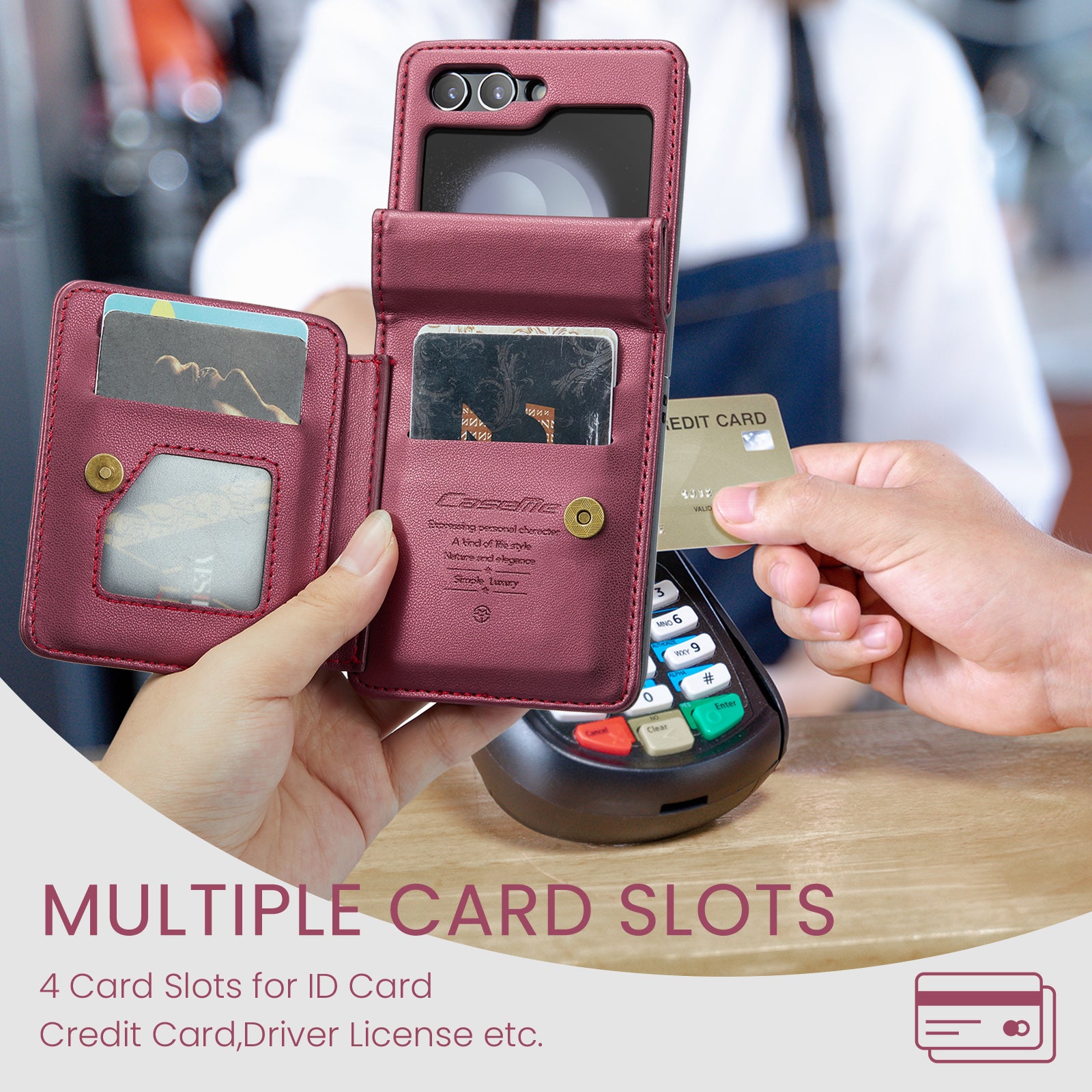 CASEME C22 Series for Samsung Galaxy Z Flip6 5G Case RFID Blocking Card Slot Leather Cover - Wine Red